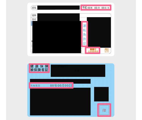 免許証、保険証の例